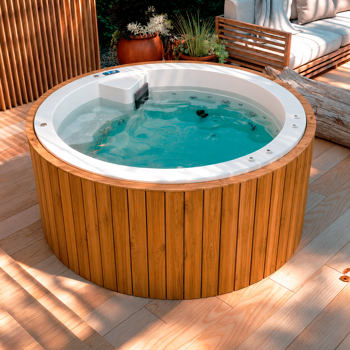 spa PACIFIC en terraza residencial con diseño natural, jacuzzi redondo de uso familiar
