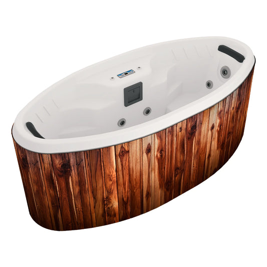 jacuzzi spa PORTÁTIL para 2 personas, diseño ovalado compacto con sistema de hidromasaje, ideal para terrazas pequeñas, patios o espacios interiores