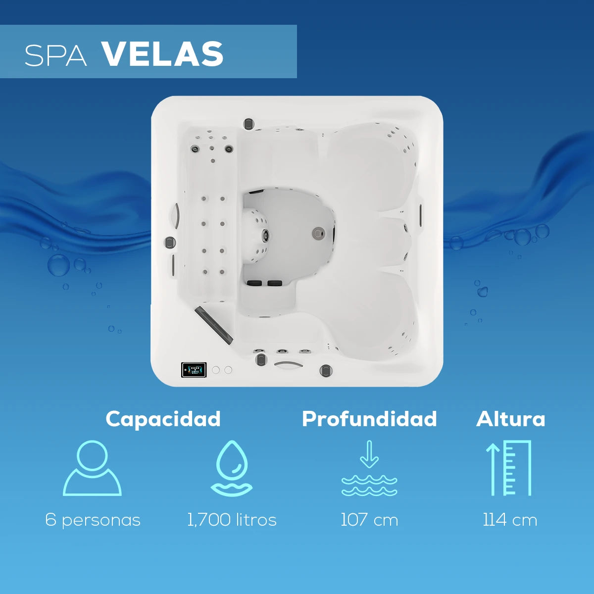 spa VELAS con capacidad para 6 personas, profundidad de 92 cm, altura de 102 cm; ideal para uso residencial, hoteles o espacios de lujo