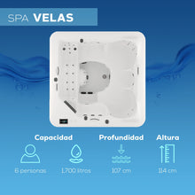 spa VELAS con capacidad para 6 personas, profundidad de 92 cm, altura de 102 cm; ideal para uso residencial, hoteles o espacios de lujo