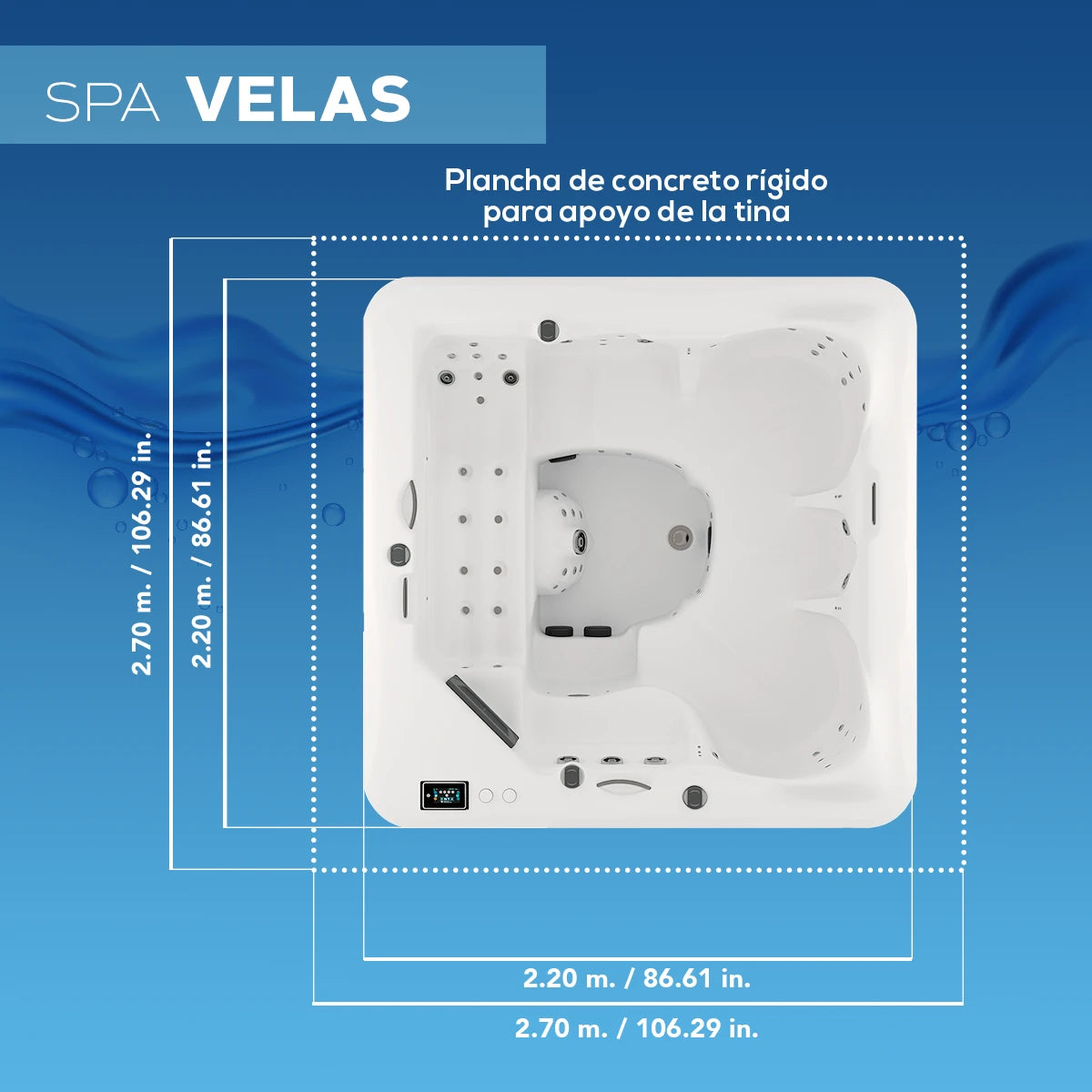 ficha técnica del spa VELAS con medidas exactas, ideal para instalación en terrazas, patios, rooftops o jardines residenciales