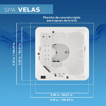 ficha técnica del spa VELAS con medidas exactas, ideal para instalación en terrazas, patios, rooftops o jardines residenciales