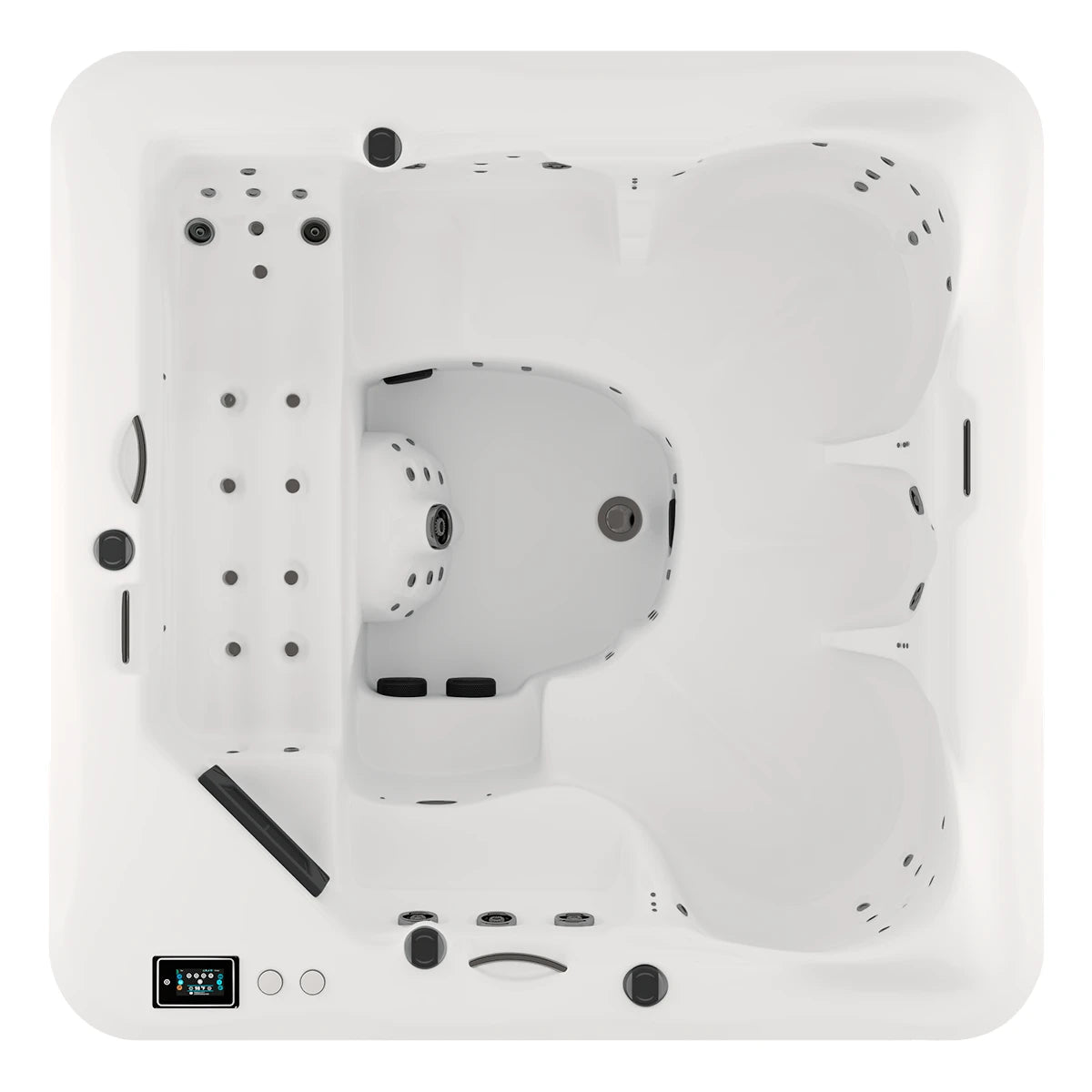 vista superior del jacuzzi spa VELAS con distribución ergonómica, cromoterapia LED y múltiples jets terapéuticos para máximo confort en exteriores