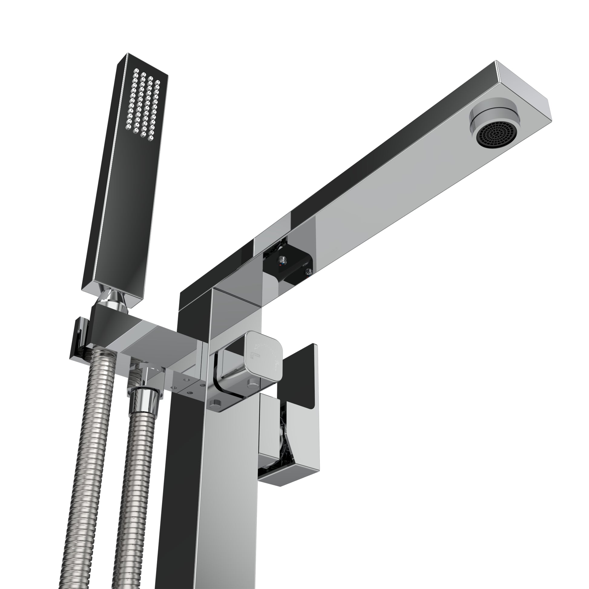 Detalle de grifo y ducha de mano de la llave de pedestal Aquaspa T-001 con acabado cromado