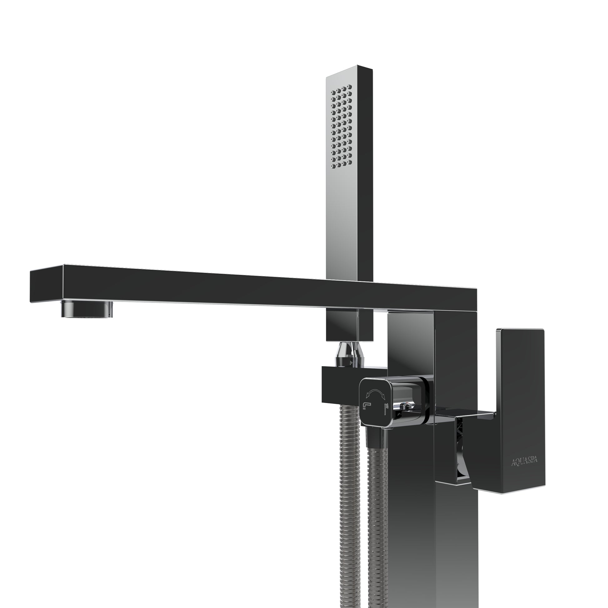 Vista lateral de la llave de pedestal Aquaspa T-001 cromada, mostrando su diseño y textura