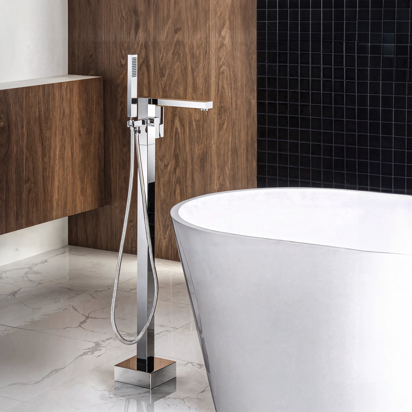 Render de la llave de pedestal Aquaspa T-001 instalada junto a tina freestanding moderna