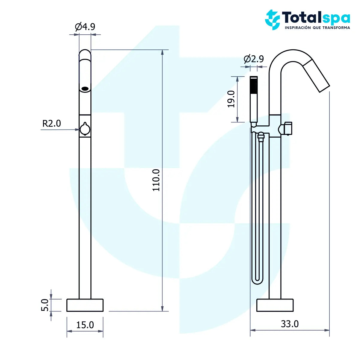 Llave de pedestal T-003 Aquaspa™ con ducha de mano | Grifería minimalista para tina freestanding