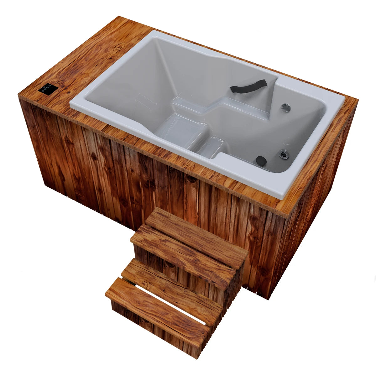 Detalle de materiales Aqua-Ice TotalSpa: madera teca y acrílico blanco de alta calidad