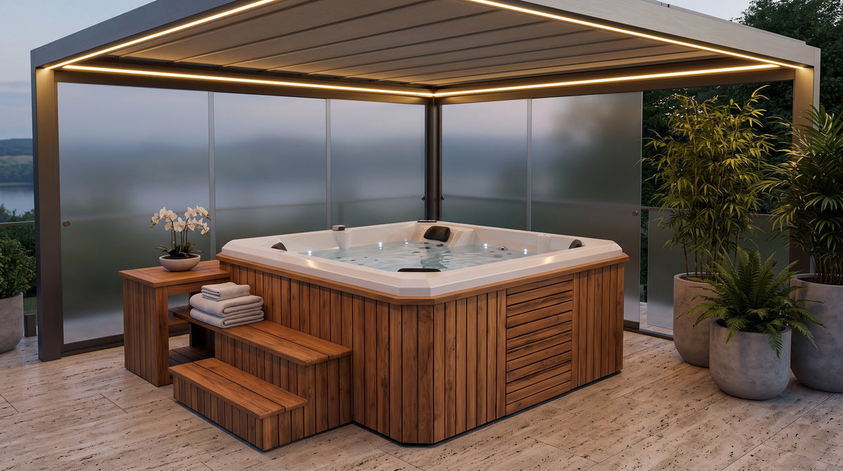 Spa sobre piso protegido por una pérgola a medida en terraza privada con diseño wellness y acabados premium.