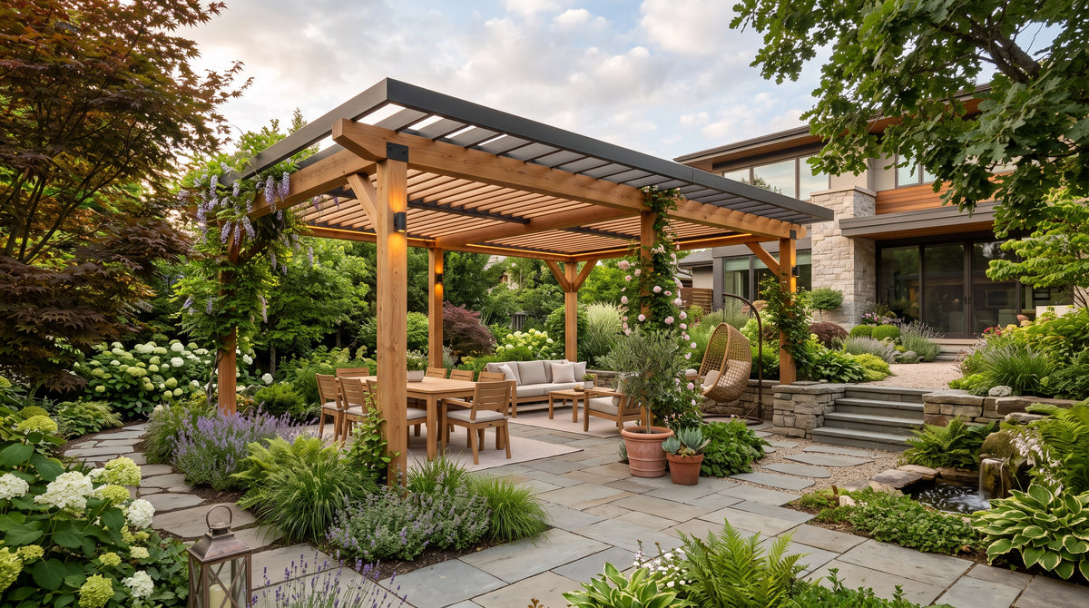 Pérgola a medida integrada en jardín residencial con paisajismo, acabados naturales y zona exterior de descanso.