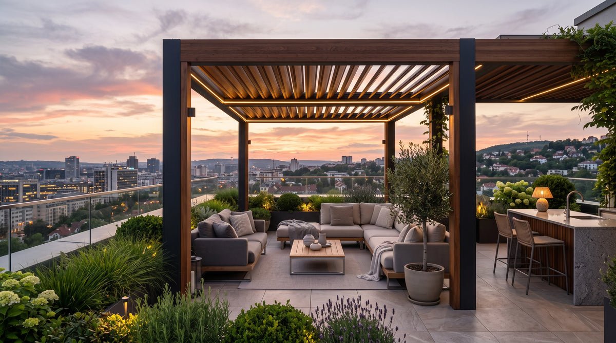 Pérgola a medida en roof garden con sala exterior, iluminación cálida y vista urbana en un ambiente premium.