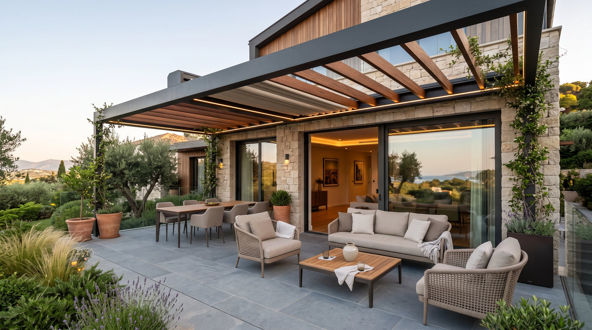Pérgola a medida en terraza residencial con sombra, diseño arquitectónico y mobiliario exterior premium.