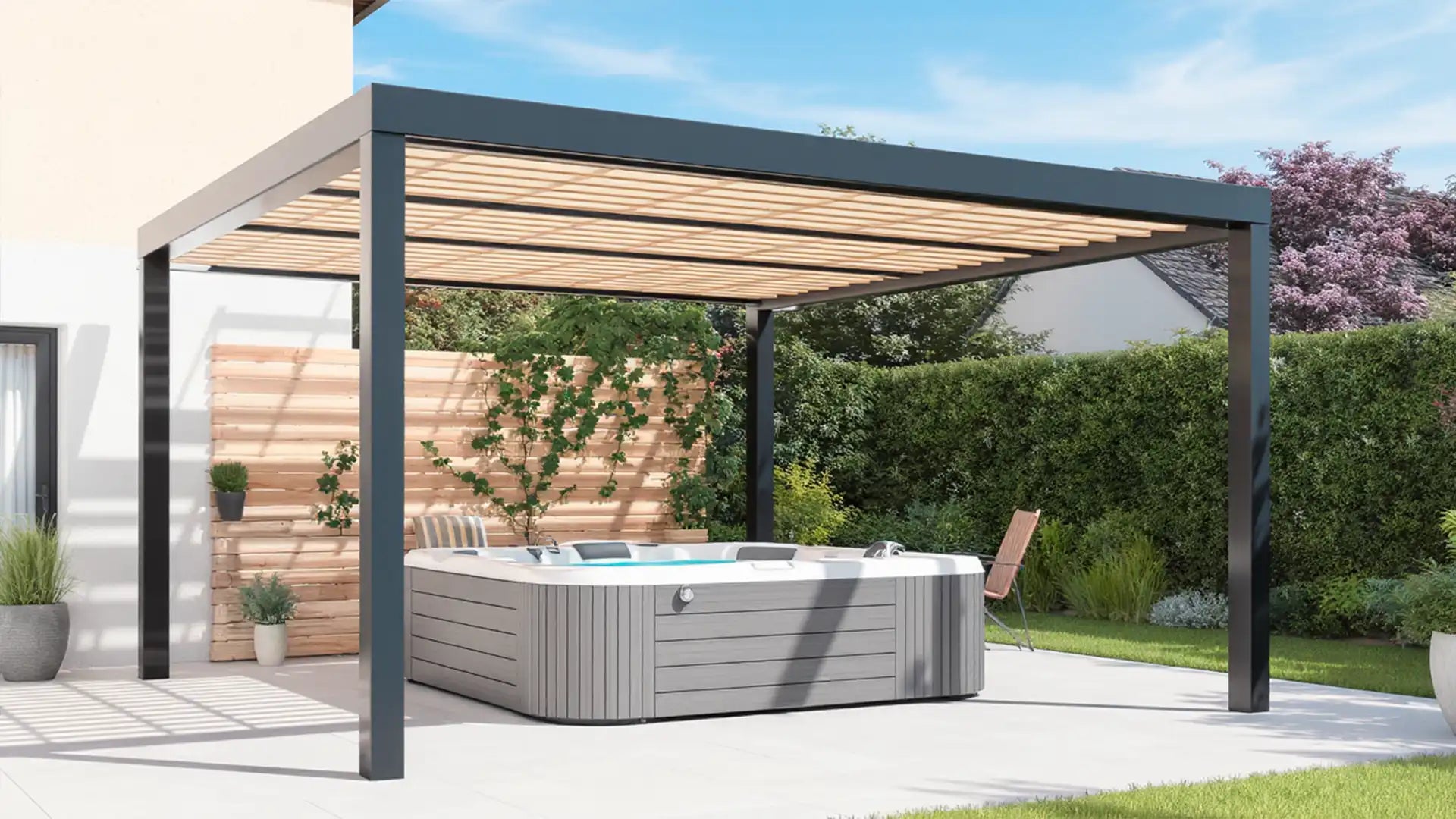 Pérgola estándar de 5x4 m para jacuzzi, con estructura de acero, madera tipo dominó y techo en cristal templado
