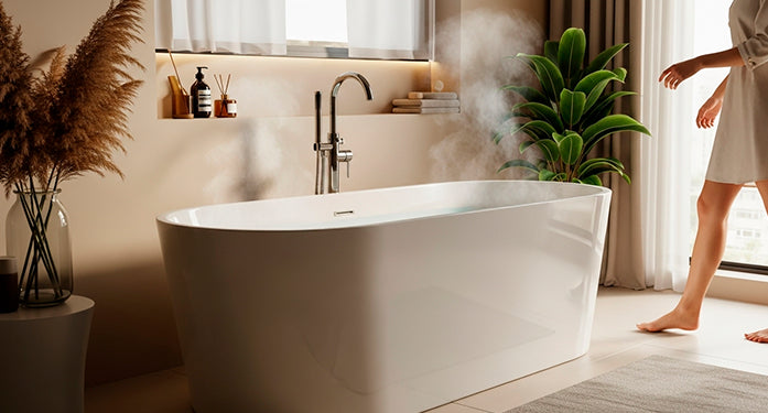Mujer a punto de entrar en tina de baño freestanding moderna, diseño elegante para interiores en México.