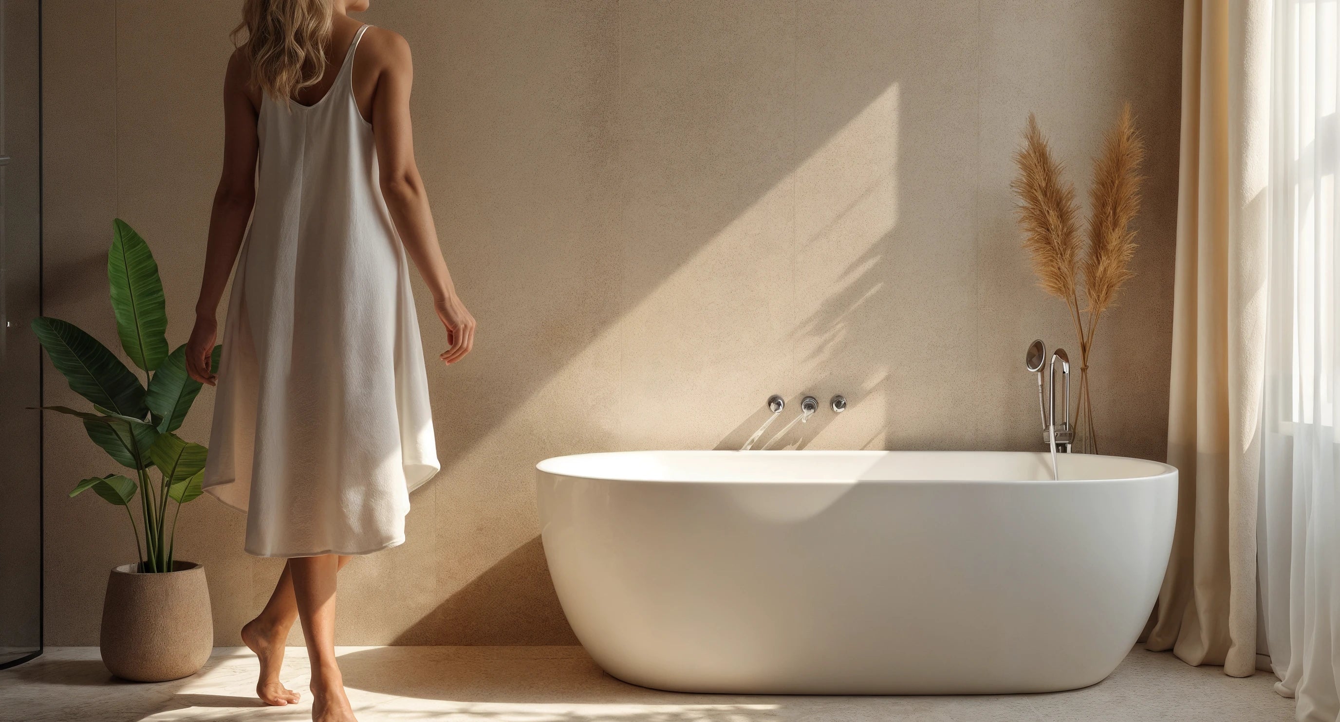Persona tomando una ducha relajante en tina freestanding TotalSpa