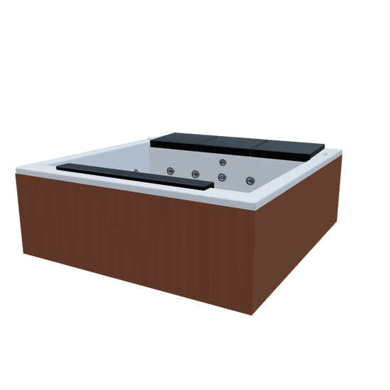 Modelo 3D spa IGUAZÚ, jacuzzi para 3 adultos y 1 niño, visualización AR interactiva, sistema de hidromasaje exterior compacto