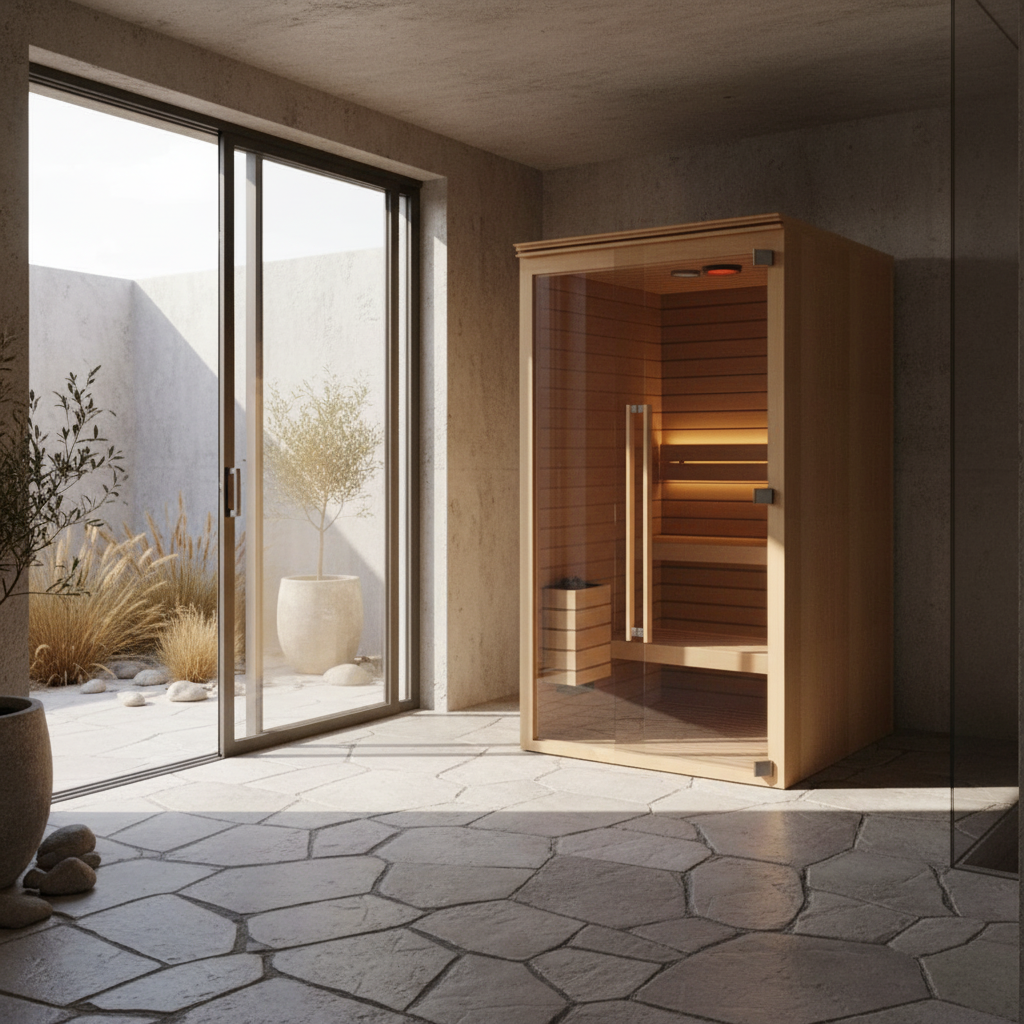 Render arquitectónico del sauna de calor seco para 2 personas TotalSpa, mostrando su diseño en cedro rojo, puerta de cristal y ambiente cálido con iluminación natural.