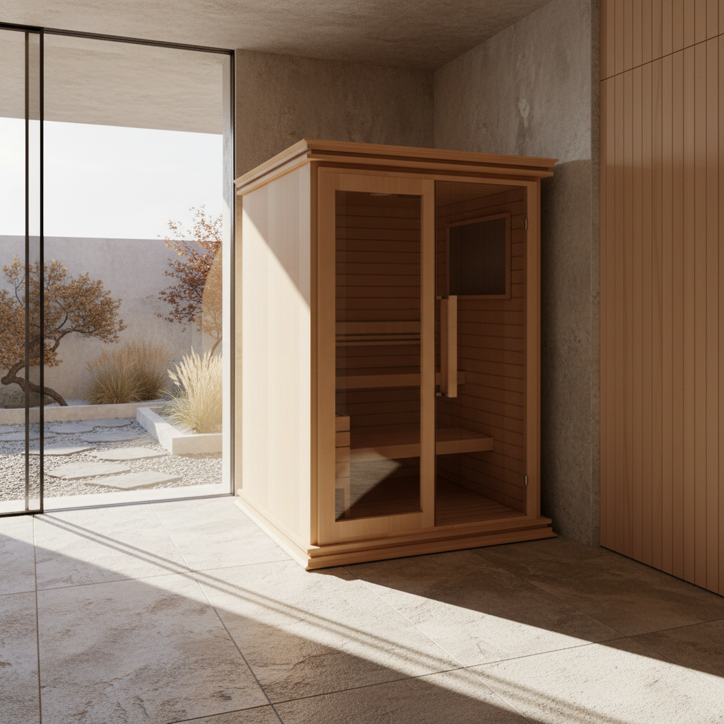 Render arquitectónico del sauna de calor seco para 3 personas TotalSpa, mostrando su diseño en cedro rojo, puerta de cristal y ambiente cálido con iluminación natural.