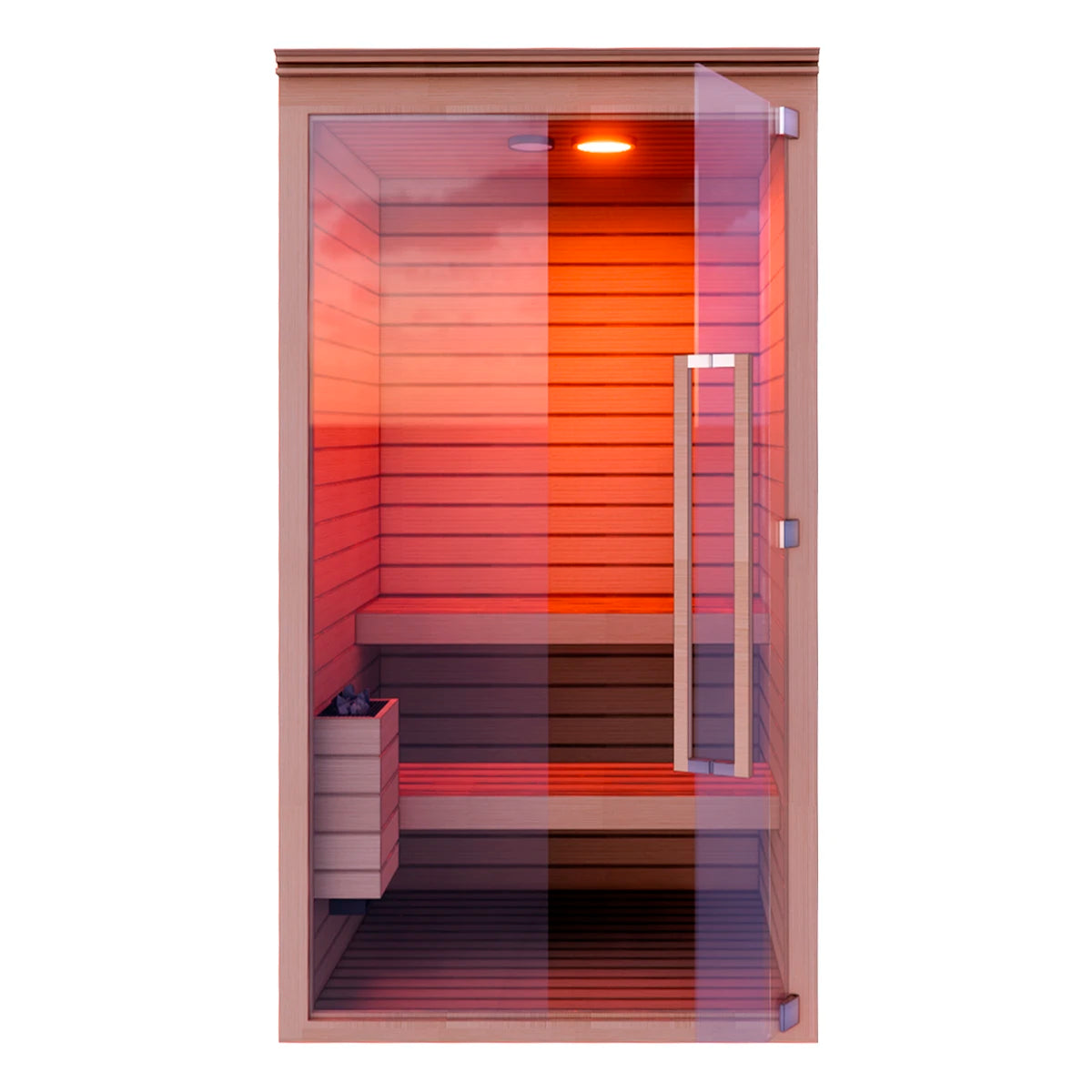 Vista frontal interior del sauna TotalSpa con sistema infrarrojo encendido y lámparas cromoterapéuticas iluminando el espacio.