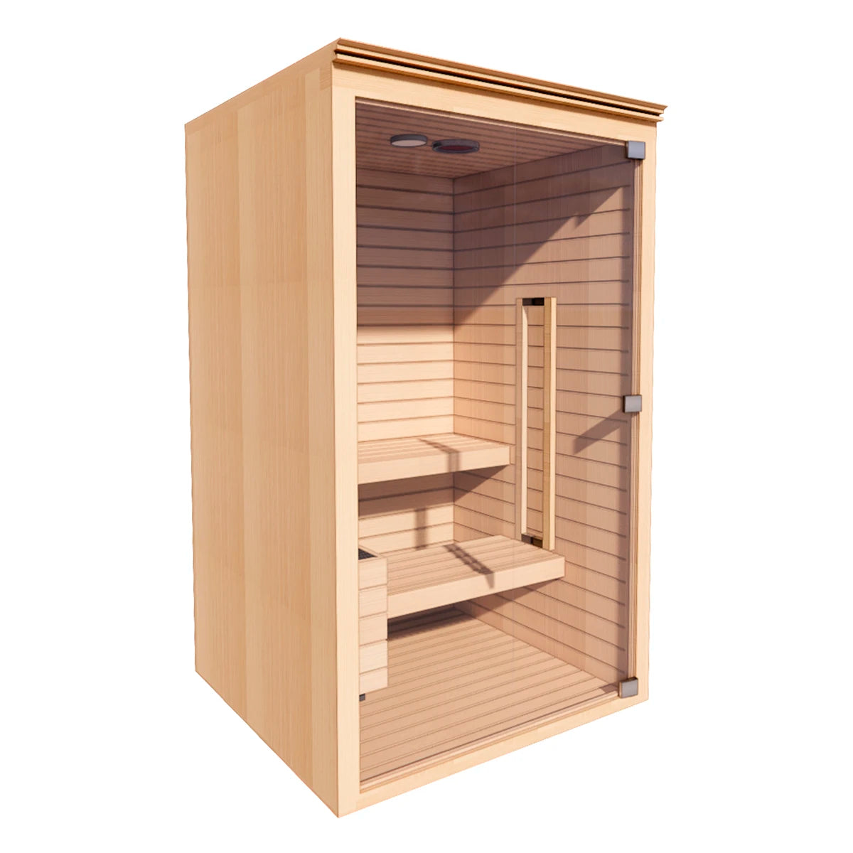 Vista en perspectiva derecha del sauna de 2 personas TotalSpa, mostrando detalles del acabado en cedro rojo y puerta de cristal templado.