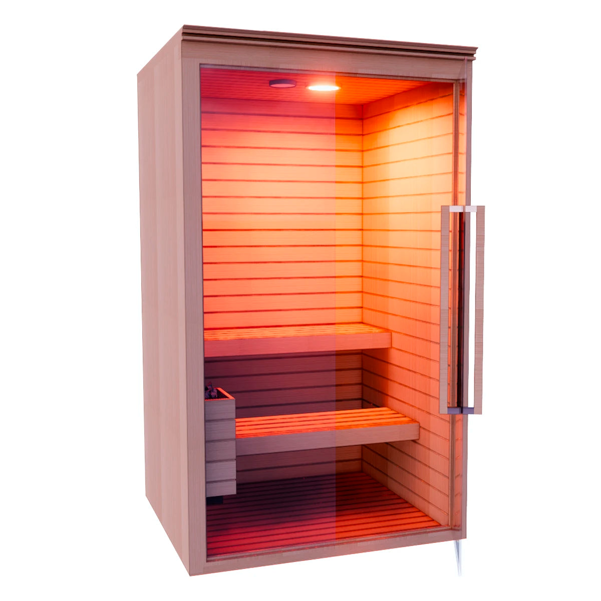 Vista en perspectiva del sauna TotalSpa para 2 personas con iluminación infrarroja activa, destacando la calidez del cedro rojo y el ambiente de bienestar.