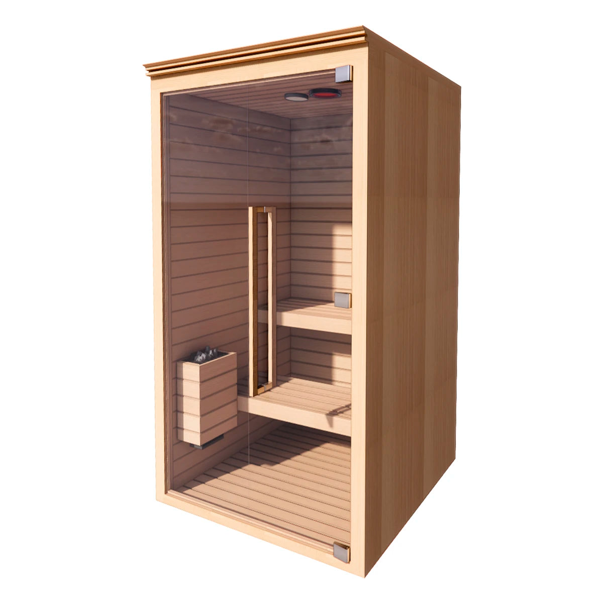 Vista en perspectiva izquierda del sauna TotalSpa para 2 personas, con estructura sólida y bancas interiores de cedro rojo.