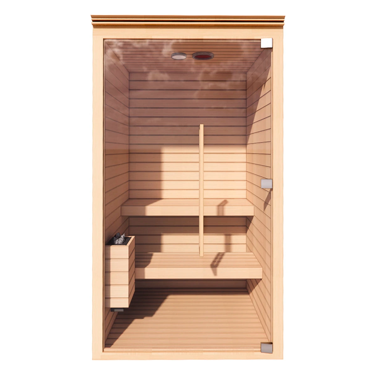 Vista frontal del sauna de calor seco para 2 personas TotalSpa fabricado en madera de cedro rojo con diseño arquitectónico.