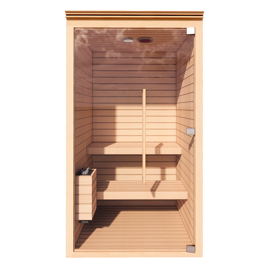 Vista frontal del sauna de calor seco para 2 personas TotalSpa fabricado en madera de cedro rojo con diseño arquitectónico.