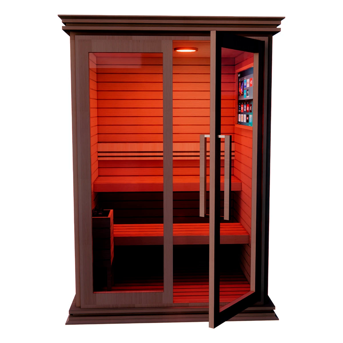 Vista frontal interior del sauna TotalSpa con sistema infrarrojo y cromoterapia encendidos, destacando la iluminación cálida y el ambiente terapéutico.