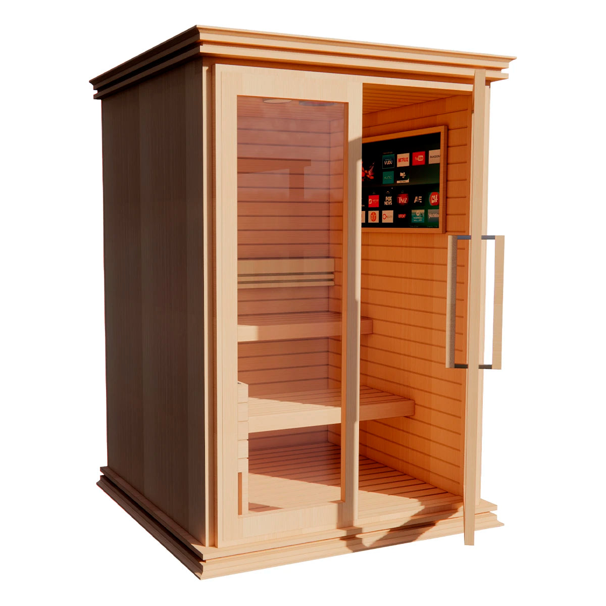Vista en perspectiva derecha del sauna de 3 personas TotalSpa, mostrando detalles de las bancas dobles y la estructura en cedro rojo.