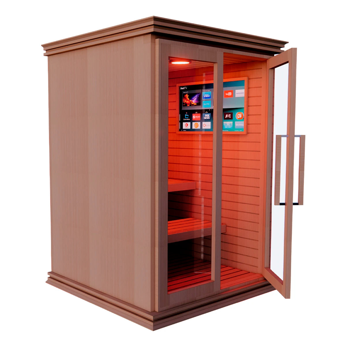 Perspectiva interior del sauna TotalSpa para 3 personas con lámparas infrarrojas activas y luz ambiental de cromoterapia en tonos cálidos.