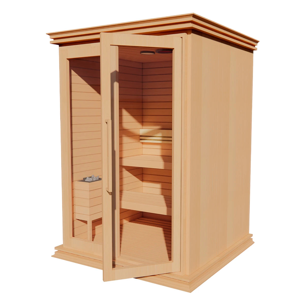 Vista en perspectiva izquierda del sauna de calor seco para 3 personas TotalSpa, con acabados naturales en cedro rojo y vidrio templado.