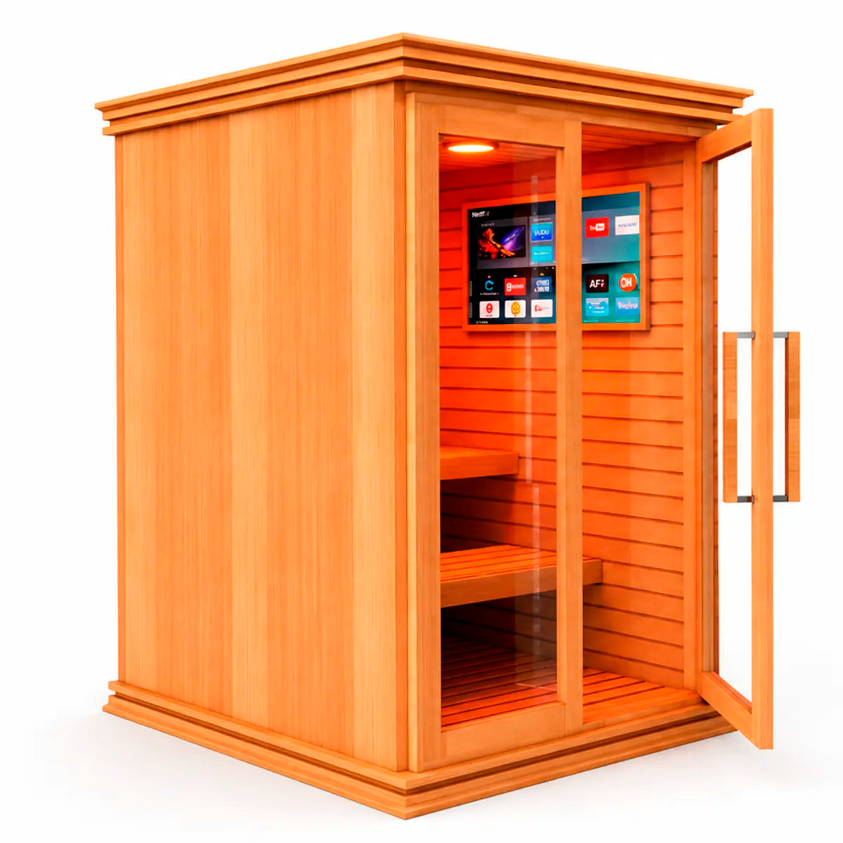Sauna para 3 personas abierto con puerta de vidrio, detalle interior de bancas amplias y acabado premium en madera.