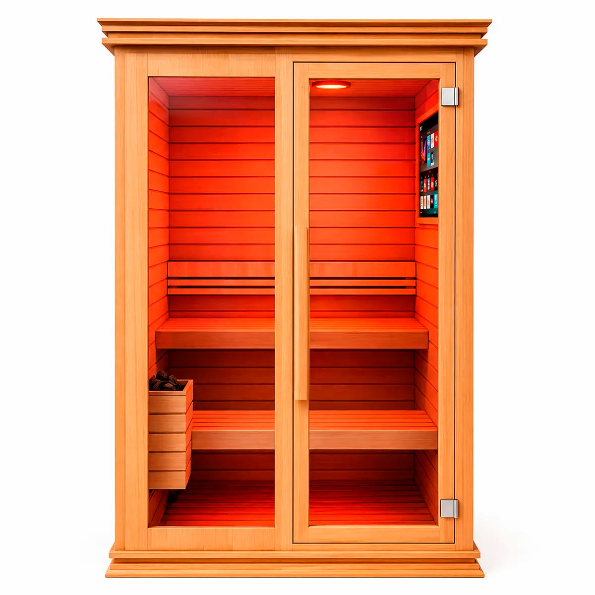 Sauna para 3 personas vista frontal, cabina amplia de madera premium con puerta de vidrio y diseño contemporáneo.