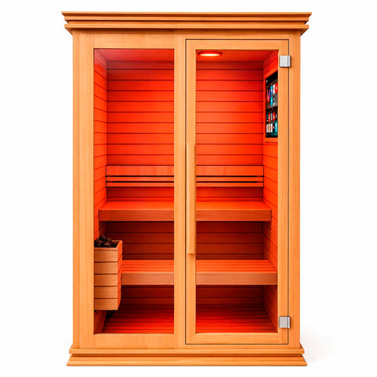 Sauna para 3 personas vista frontal, cabina amplia de madera premium con puerta de vidrio y diseño contemporáneo.