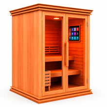 Sauna para 3 personas en perspectiva derecha, acabado cálido tipo cedro, cristal templado y diseño premium para interior.