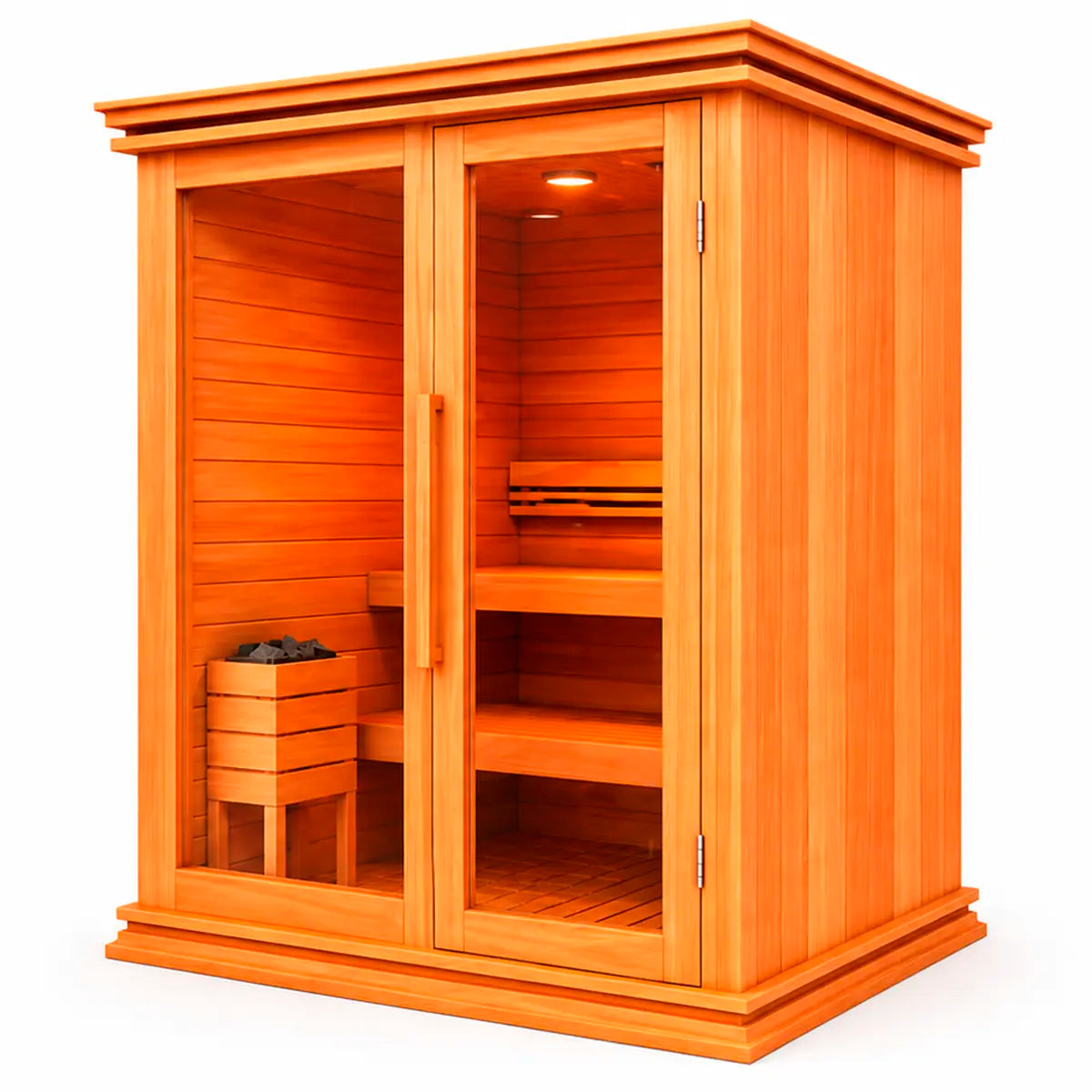 Sauna para 3 personas en perspectiva izquierda, cabina de madera elegante con puerta de vidrio y estilo sofisticado.