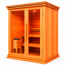 Sauna para 3 personas en perspectiva izquierda, cabina de madera elegante con puerta de vidrio y estilo sofisticado.