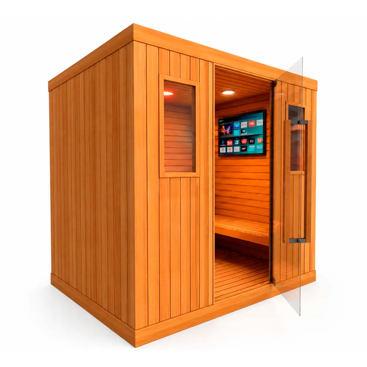 Sauna para 6 personas abierto con puerta de vidrio, detalle interior espacioso con bancas de madera y ambiente wellness premium.