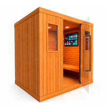 Sauna para 6 personas abierto con puerta de vidrio, detalle interior espacioso con bancas de madera y ambiente wellness premium.