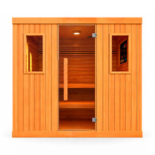 Sauna para 6 personas vista frontal, cabina grande de madera premium con puerta de vidrio y diseño de lujo para spa en casa.
