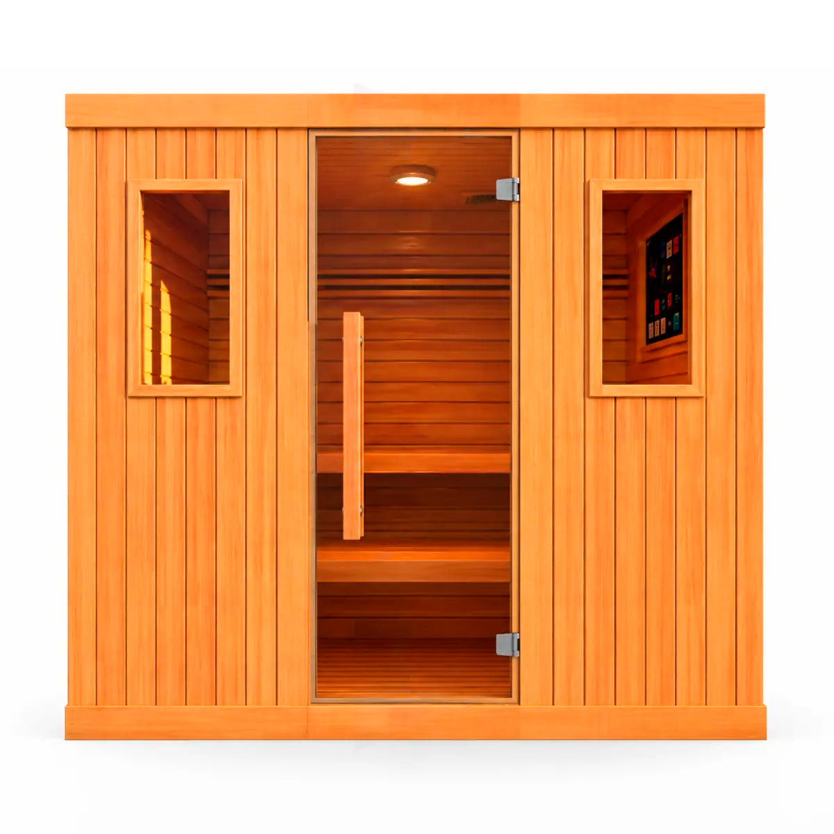 Sauna para 6 personas vista frontal, cabina grande de madera premium con puerta de vidrio y diseño de lujo para spa en casa.