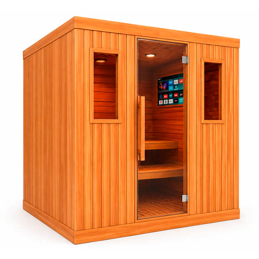 Sauna para 6 personas en perspectiva derecha, acabado tipo cedro premium, amplio espacio interior y cristal templado.
