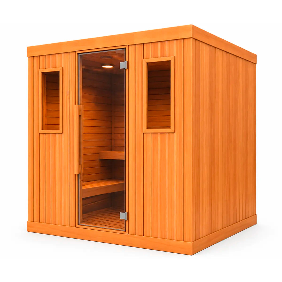 Sauna para 6 personas en perspectiva izquierda, cabina amplia de madera con diseño moderno y puerta de vidrio premium.