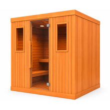 Sauna para 6 personas en perspectiva izquierda, cabina amplia de madera con diseño moderno y puerta de vidrio premium.