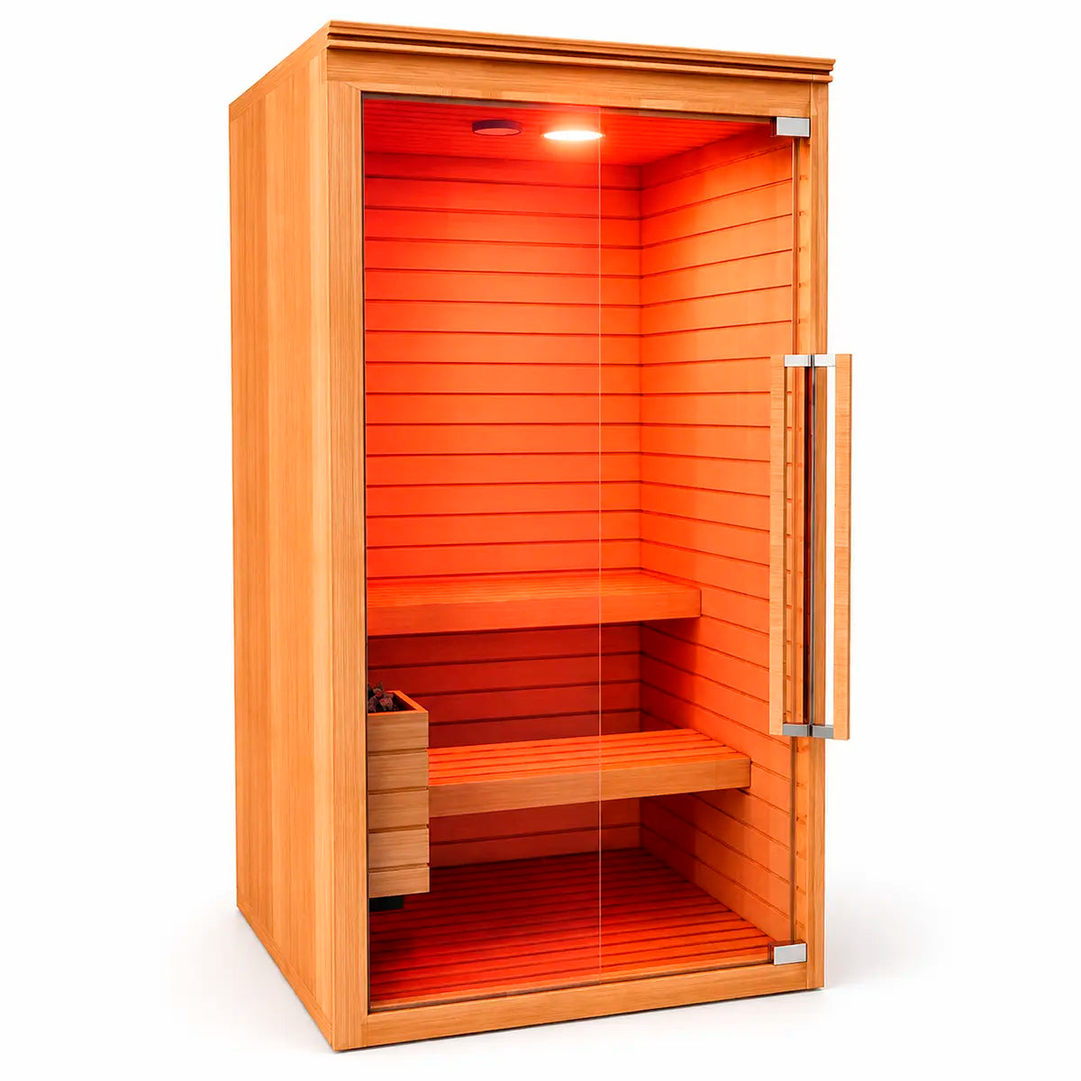Sauna para 2 personas abierto con puerta de vidrio, detalle interior con bancas de madera y ambiente cálido de relajación.