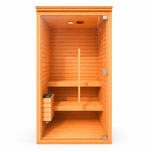 Sauna para 2 personas vista frontal, cabina de madera premium con puerta de vidrio templado y diseño moderno para interior.