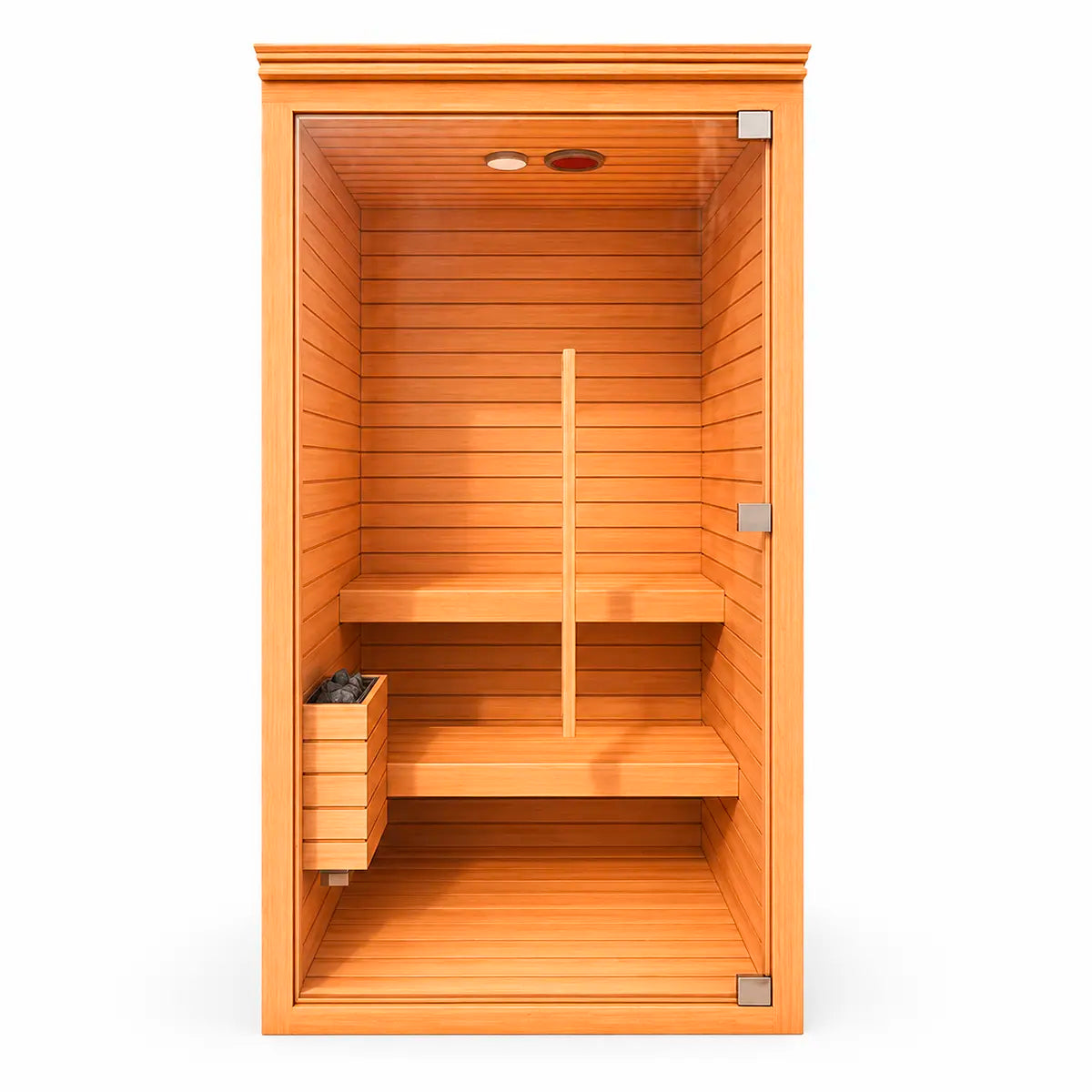 Sauna para 2 personas vista frontal, cabina de madera premium con puerta de vidrio templado y diseño moderno para interior.