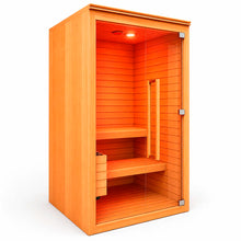 Sauna para 2 personas en perspectiva derecha, acabado tipo cedro premium, puerta de vidrio y diseño elegante para hogar.
