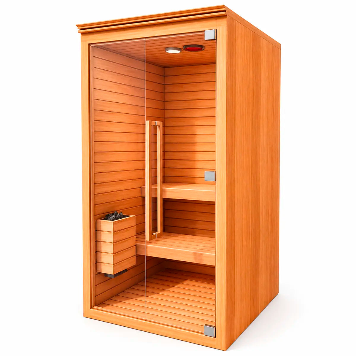 Sauna para 2 personas en perspectiva izquierda, cabina de madera con cristal templado y estilo moderno de lujo.